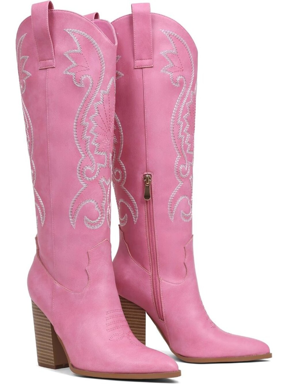 Women Pink Leather Pull-on Pointed Toe Chunky High Heel Embroidered Boot - Picture 4 of 6